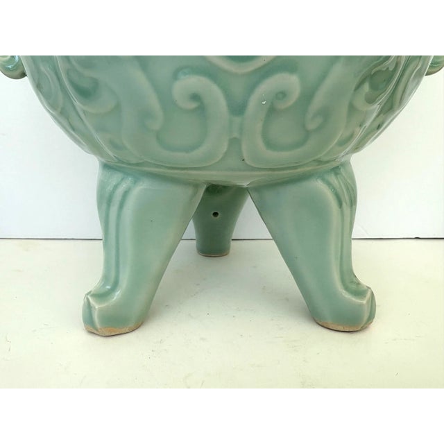 1970s Large Celadon Glazed Chinese Tripod Lidded Censer For Sale - Image 4 of 11