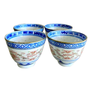 Late Mid-Century Chinese "Rice Grain" Porcelain Chawan Aka Tea Cups- Set of 4