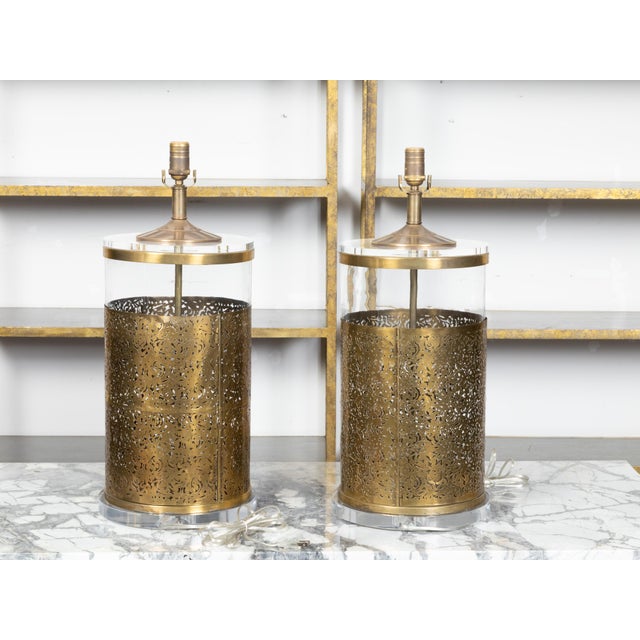 English Vintage English Brass and Glass Lamps with Openwork Motifs on Lucite - a Pair For Sale - Image 3 of 9