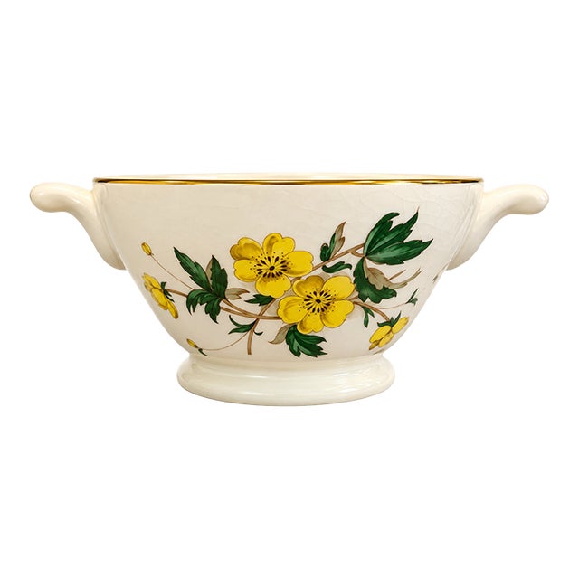 Vintage Edwin Knowles "Buttercup" Lugged Soup Cereal Bowl Cream Gold Trim Yellow Floral For Sale