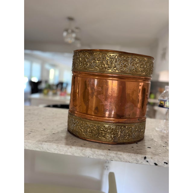 Late 19th Century Antique Copper & Repoussé Brass Victorian-Style Wastepaper Basket / Decorative Waste Bin For Sale - Image 5 of 12