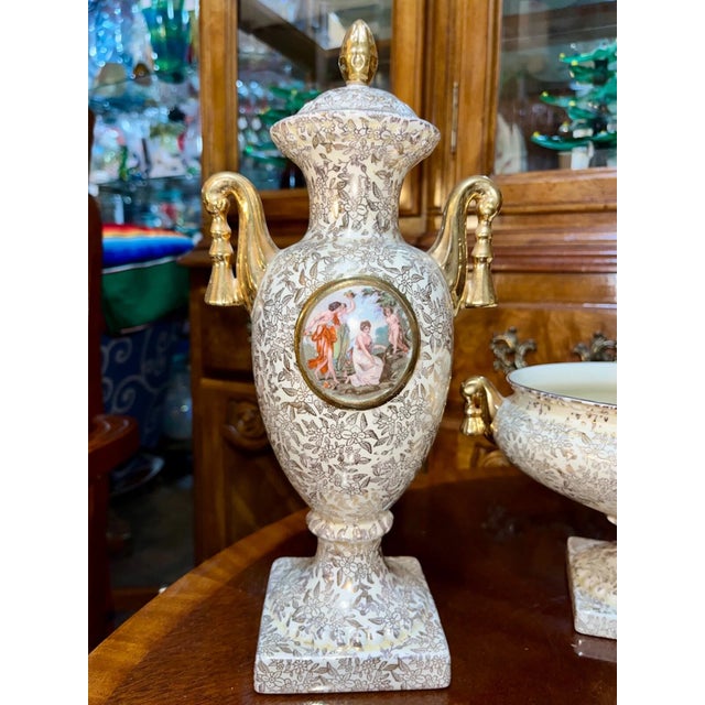 Set of 3, Vintage Empire Porcelain Shelton Compote Dish Lidded Vases Urns For Sale - Image 4 of 11