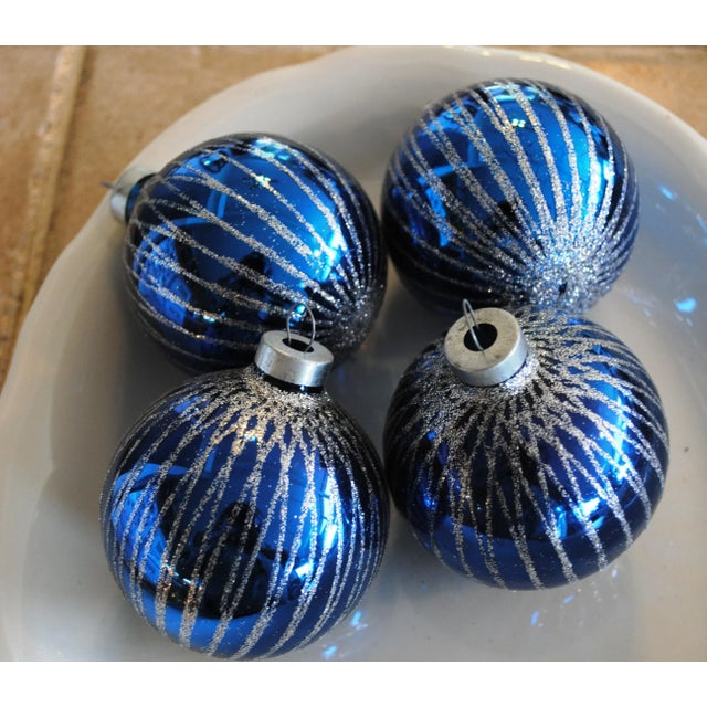 Vintage Mercury Glass and Mica Blue Christmas Ornaments - Box of 4 For Sale - Image 4 of 6