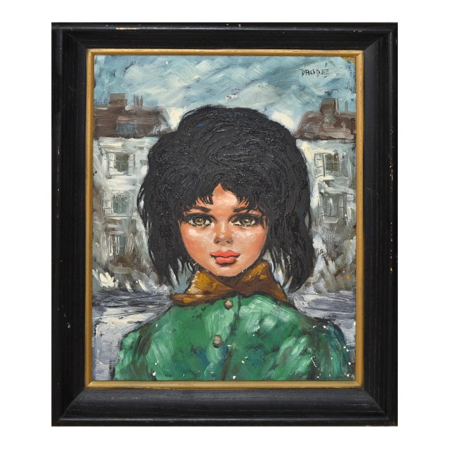 1960 Andre Daude Big Eyed French Girl Painting Oil Canvas Black Frame Green Coat For Sale