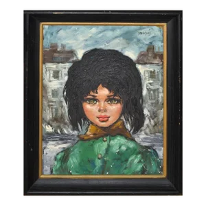 1960 Andre Daude Big Eyed French Girl Painting Oil Canvas Black Frame Green Coat