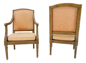 Pair of MINT Carved Faux Finished Country French Fireside Arm Chairs Nice Fabric
