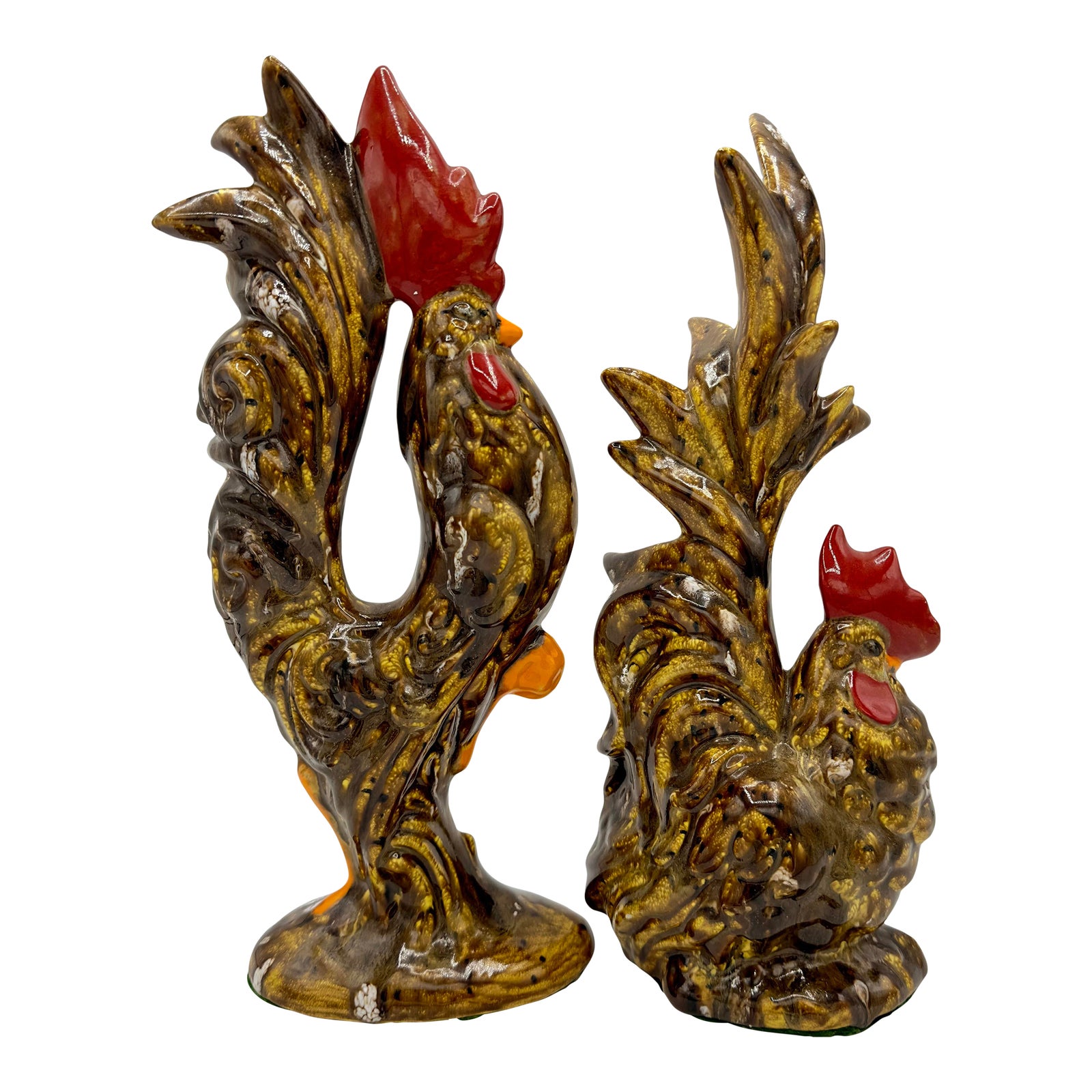 Vintage Pair of Ceramic Roosters Drip Glaze Figurines Chairish