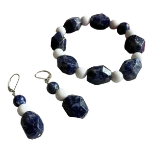 Late 20th Century Lapis Lazuli White Howlite Bracelet and Sterling Earrings Set - 3 Pieces