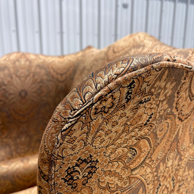 Victorian Style Damask Upholstery Wingback Chairs by Southwood, a Pair For Sale - Image 17 of 17