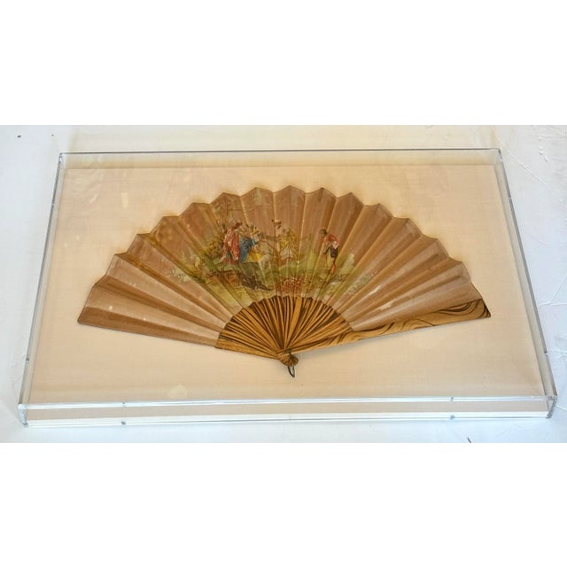 Tan Antique 18th C Handpainted Rice Paper Scenic Fan in Lucite Hanging Case For Sale - Image 8 of 9