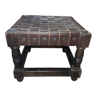 1970s Spanish Colonial Revival Brown Leather Woven Footstool For Sale