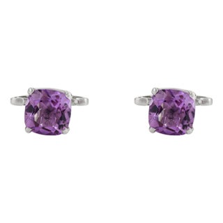 925 Sterling Silver Cushion-Cut Amethyst Cufflinks in Prong Setting- A Pair for Him For Sale