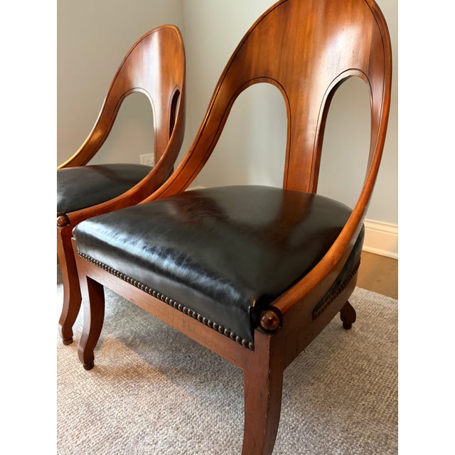 Rare Pair of Mid-Century Michael Taylor for Baker Mahogany Spoonback Slipper Chairs – All Original Black Leather & Brass Tacks For Sale - Image 10 of 14