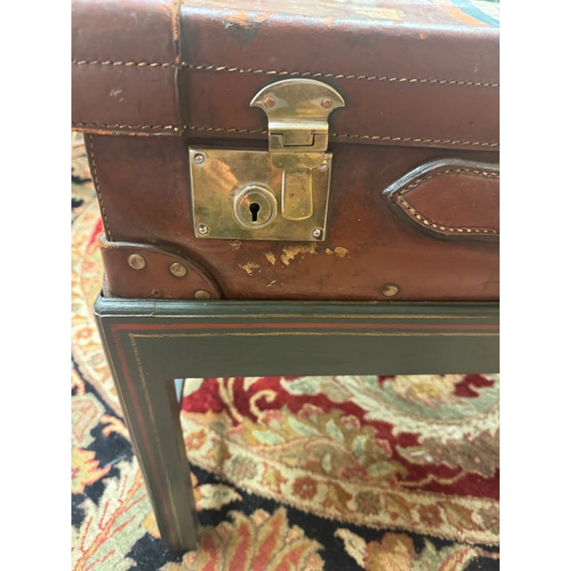 Vintage Leather Suitcase on Custom Stand — Early 20th Century Travel Trunk Table For Sale - Image 10 of 10