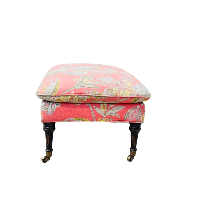 Wood Custom Cr Laine Coral Botanical Cocktail Ottoman | Luxury Designer Upholstered Coffee Table Ottoman With Turned Wood Legs & Brass Casters For Sale - Image 7 of 11