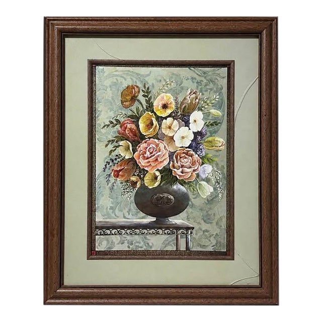 Classic Floral Still Life Wall Art With Green Mat For Sale