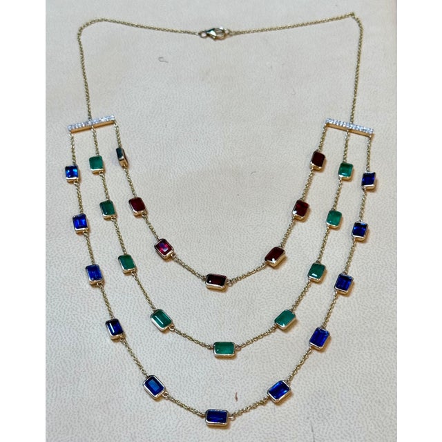 Three Layer Necklace With Emerald , Ruby & Kyanite with Diamond Bar, 14 KYG 15Gm For Sale - Image 10 of 18