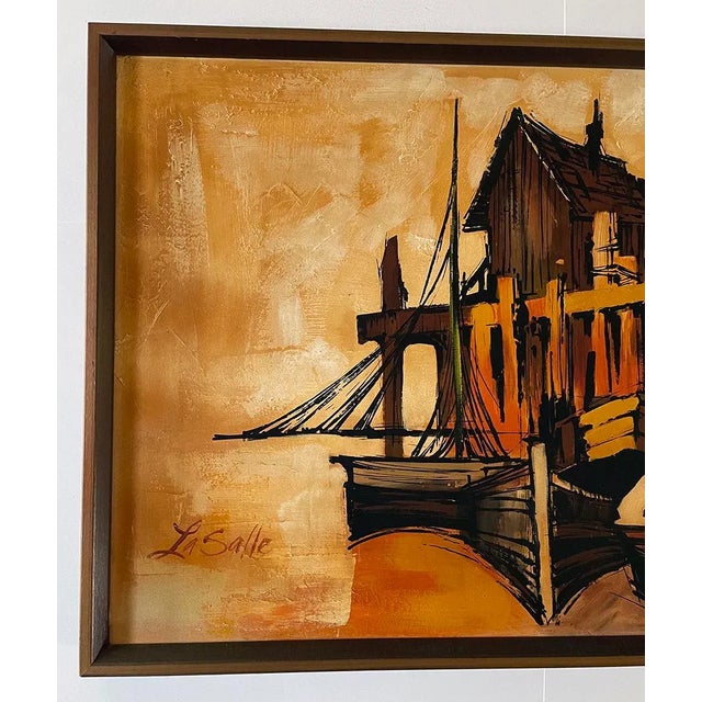 Large framed vintage oil painting on board by LaSalle. Painted image without frame is 47.5 inches wide x 23.5 inches tall....