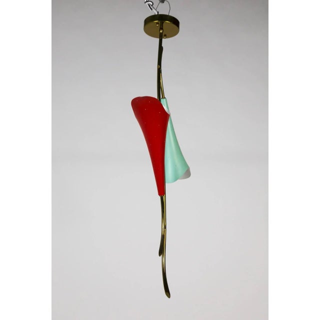 Mid 20th Century Mid Century 2-Light Pendant With Mint & Red Trumpet Flower Shades & Curved Stem For Sale - Image 5 of 13