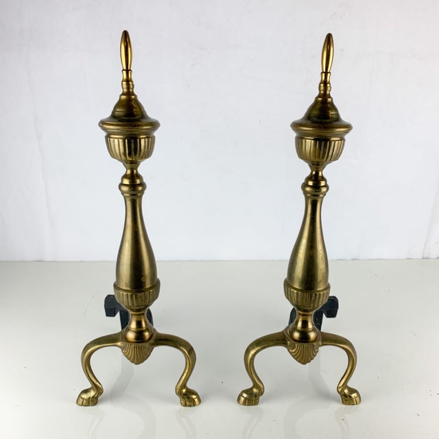 Vintage Pair Federal Hollywood Regency Style Brass & Iron Andirons Fire Dogs For Sale In Baltimore - Image 6 of 6