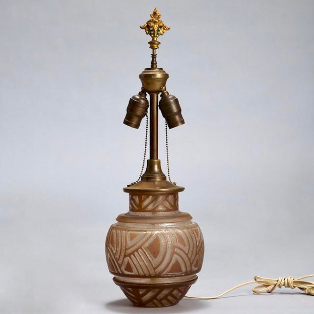 Signed Daum Art Deco Era Acid Etched Glass Table Lamp with Jeweled