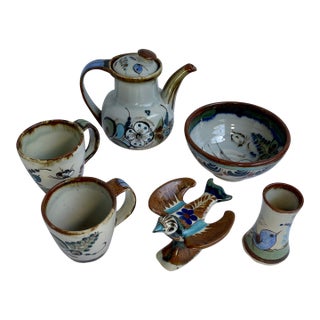 1960s Hand-Painted Mexican Tonala Pottery by Ken Edwards Collection - Set of Six For Sale
