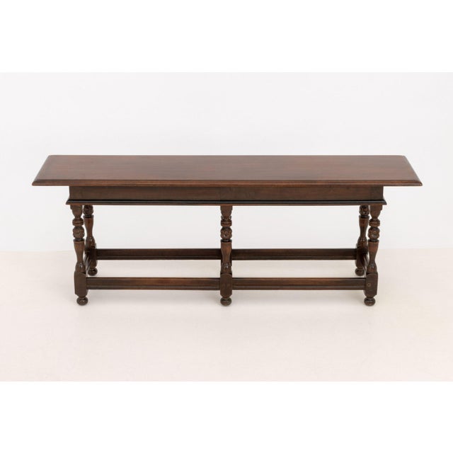 Charles II Style Walnut Bench, on six turned wood legs conjoined by box stretcher. 19.5" H x 54" W x 12.25" D. Provenance:...