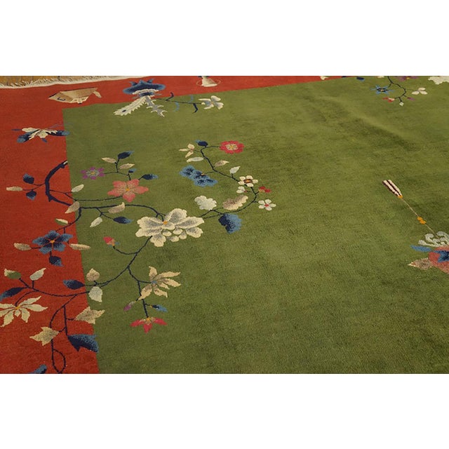 Early 20th Century 1920s Green Floral Antique Chinese Deco Rug 8' X 10' Knotted Wool Carpet For Sale - Image 5 of 6