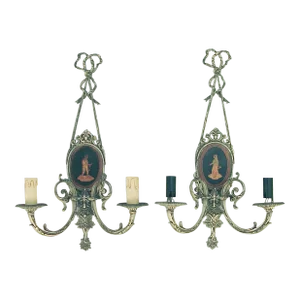 Pair of 1980s Art Nouveau Styled Wall Sconces With Marquetry Panels