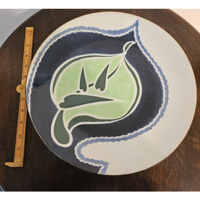 Japanese Vintage 1960s Japanese Studio Pottery Ceramic Serving Platter Wall Hanging Bamboo Leaves For Sale - Image 3 of 10