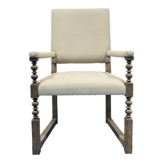 Baker Transitional Linen Turned Wood Arm Chair For Sale