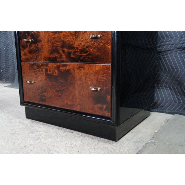 1980s Henredon Scene III Art Deco Walnut Burl Black Lacquer Nightstands Bedside Tables, Pair For Sale - Image 10 of 12
