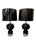 A pair of stunning Mid-Century Modern shiny black glazed ceramic table lamps with chrome plate accents and and Lucite...