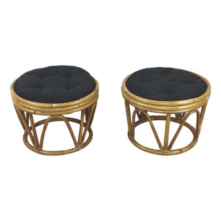 Pair of 1970s Vintage Rattan and Bamboo Round Ottoman Footstools For Sale
