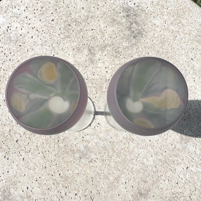 Late 20th Century Art Nouveau Hand Painted Watercolor Frosted Wine Glasses by Reuven - Set of 8 For Sale In West Palm - Image 6 of 10