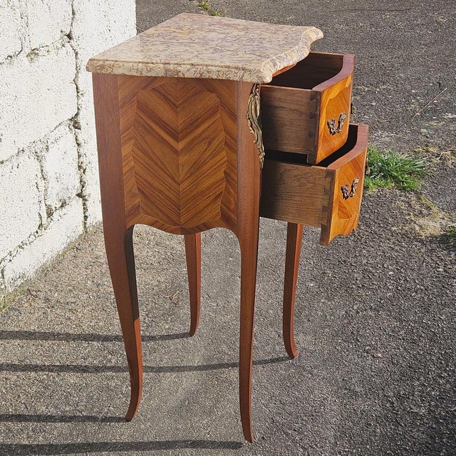 French Marquetry Nightstand in Marble and Wood, 1970s For Sale - Image 6 of 18