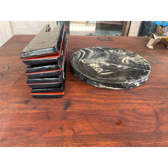 1960s Vintage Black Marble Top & BoHo Asian Red Lacquered Wood Base Tabouret Table For Sale - Image 5 of 6