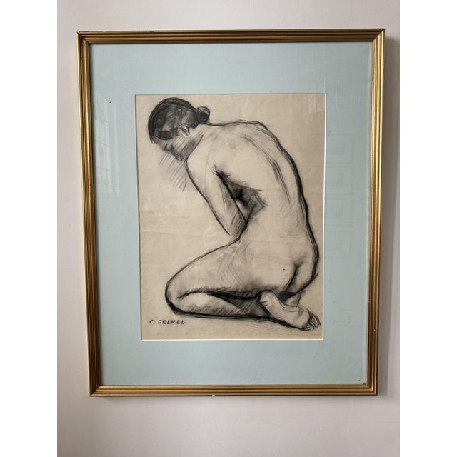 Glass Carl Felkel, Female Nude Charcoal Drawing, Chalk and Charcoal, Framed For Sale - Image 7 of 8