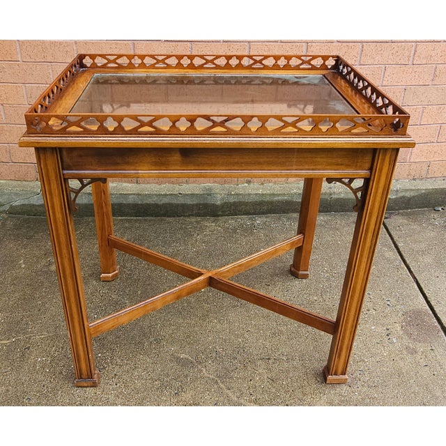 Chippendale George III Style Mahogany Galleried and Glass Top Inset Tea Table / Silver Table For Sale - Image 3 of 7