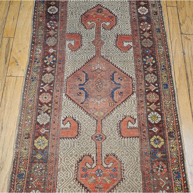 Camel Antique Persian Malayer Runner Rug, Hand-Knotted Wool, Geometric Pattern, 3x7, Camelhair & Burgundy For Sale - Image 8 of 14
