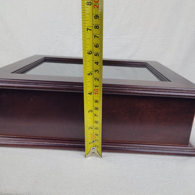 Vintage 1994 Bombay Company Mahogony Wood Glass Top Display Shadow Box Green Velvet Interior For Sale - Image 13 of 14