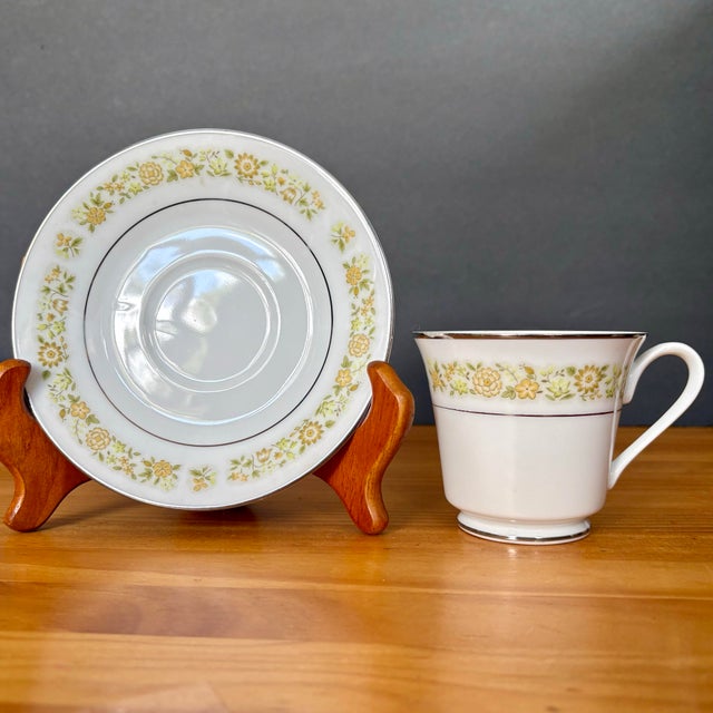 Mid-Century Modern Vintage Towne House Spring Teacup & Saucer Sets • Yellow Floral Band and Silver Trim • Sold Individually by Set For Sale - Image 3 of 9