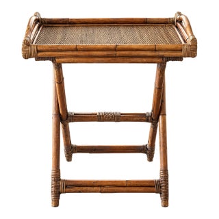 Vintage Bamboo Wicker Rattan Serving Tray With Folding Stand For Sale