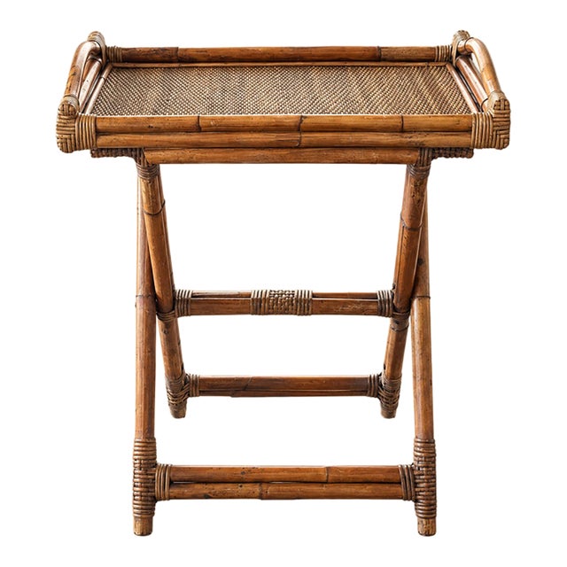 Vintage Bamboo Wicker Rattan Serving Tray With Folding Stand For Sale