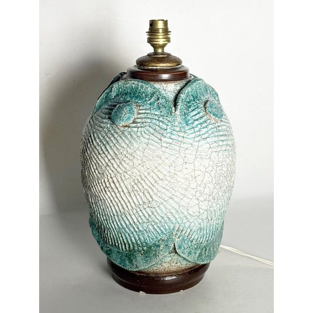 Turquoise Raku Ceramic Table Lamp with Botanical Decoration, France, 1960s For Sale - Image 8 of 15