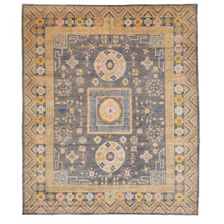 12x14 Modern Khotan Style Charcoal & Gold Handmade Wool Area Rug For Sale