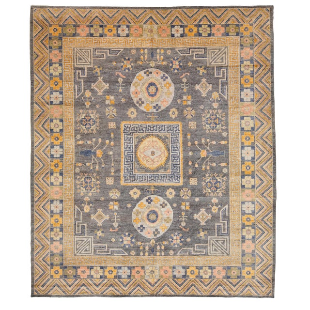 12x14 Modern Khotan Style Charcoal & Gold Handmade Wool Area Rug For Sale