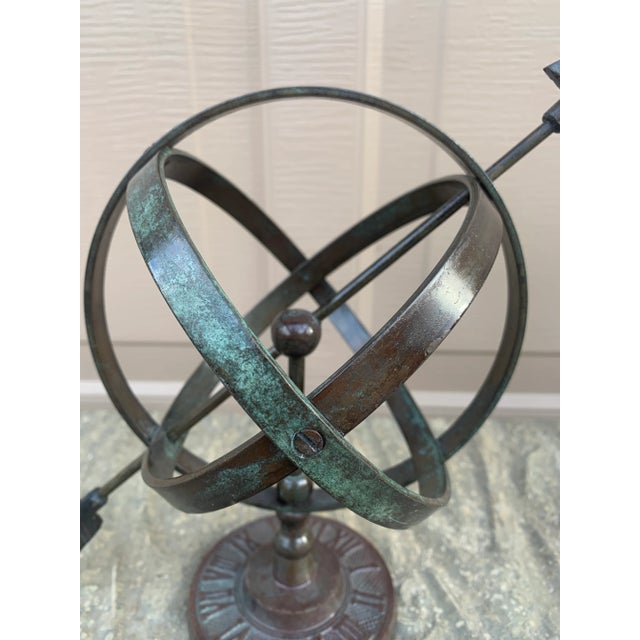 French Country Rustic Verdigris Iron Armillary Sphere on Pedestal – European Garden Accent For Sale - Image 3 of 9
