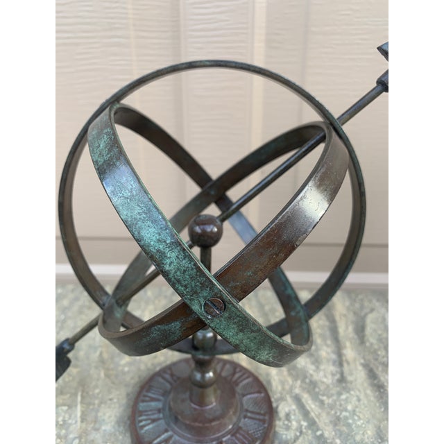 French Country Vintage English Country Iron Verdigris Garden Armillary Sundial For Sale - Image 3 of 9
