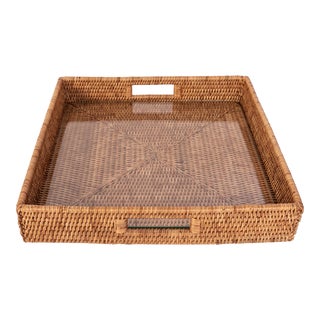 Artifacts Rattan Square Serving Ottoman Trays with Glass Insert in Brown, Small For Sale